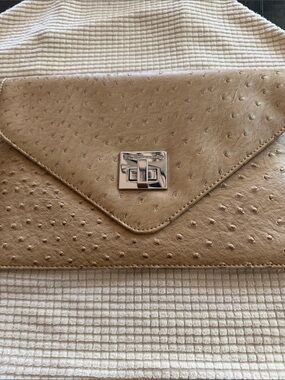 BCBGeneration Taupe Ostrich-Embossed Envelope Clutch with Silver Turn-Lock